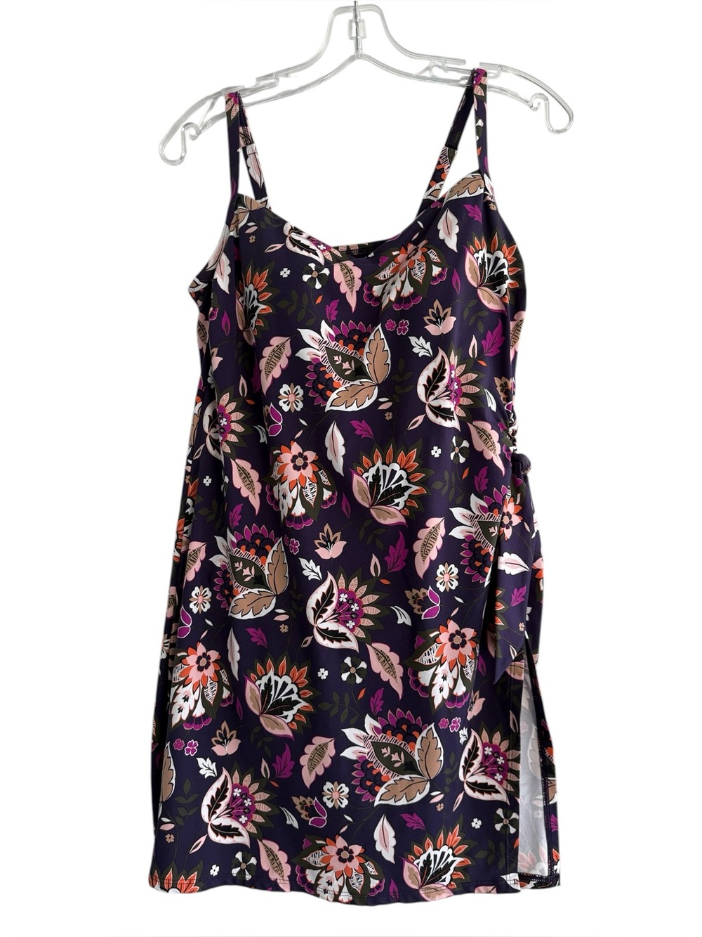 Lands' End Side Tie Mini Swim Dress Floral Wrap Swimsuit Size 10 UPF 50
